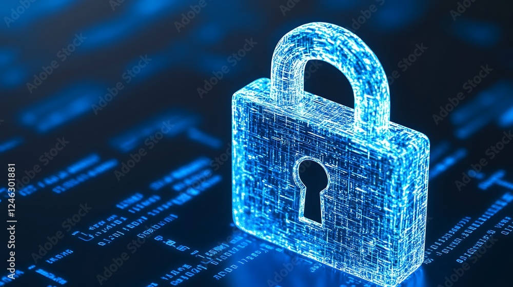 Poster digital lock icon on dark background representing cybersecurity and data protection concepts