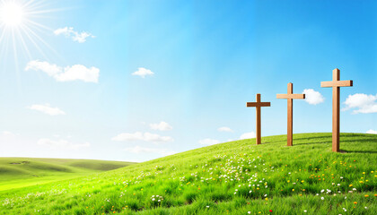 Three wooden crosses on grassy hillside under blue sky, Good Friday