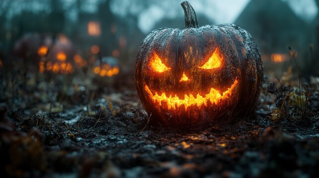pumpkin head jack lantern glowing in the dark spooky concept