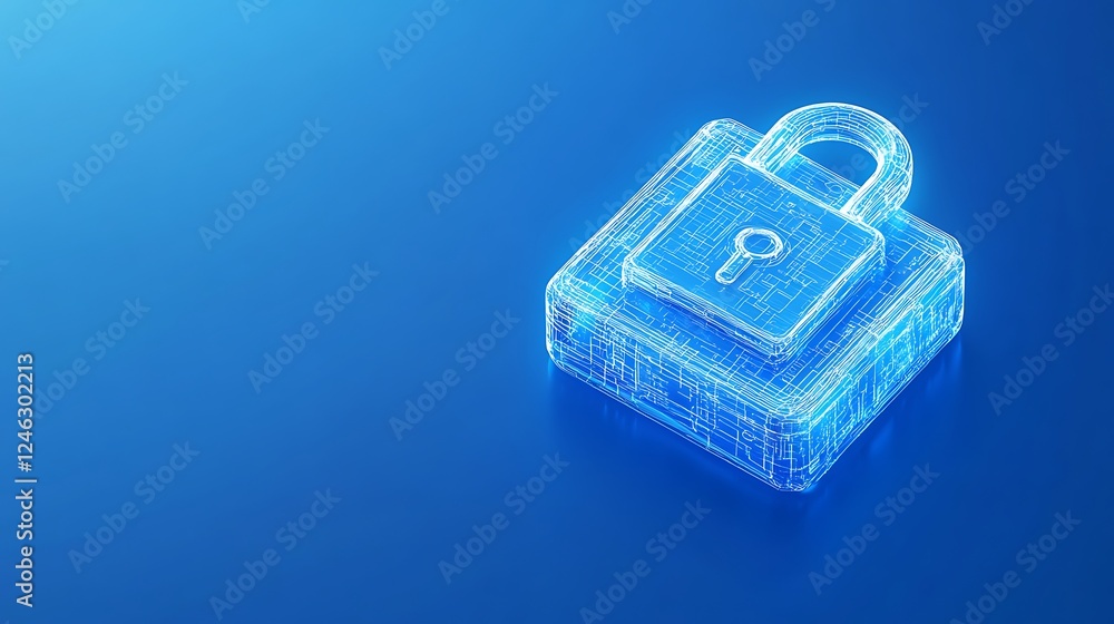 Poster digital lock icon representing cybersecurity and data protection in blue background