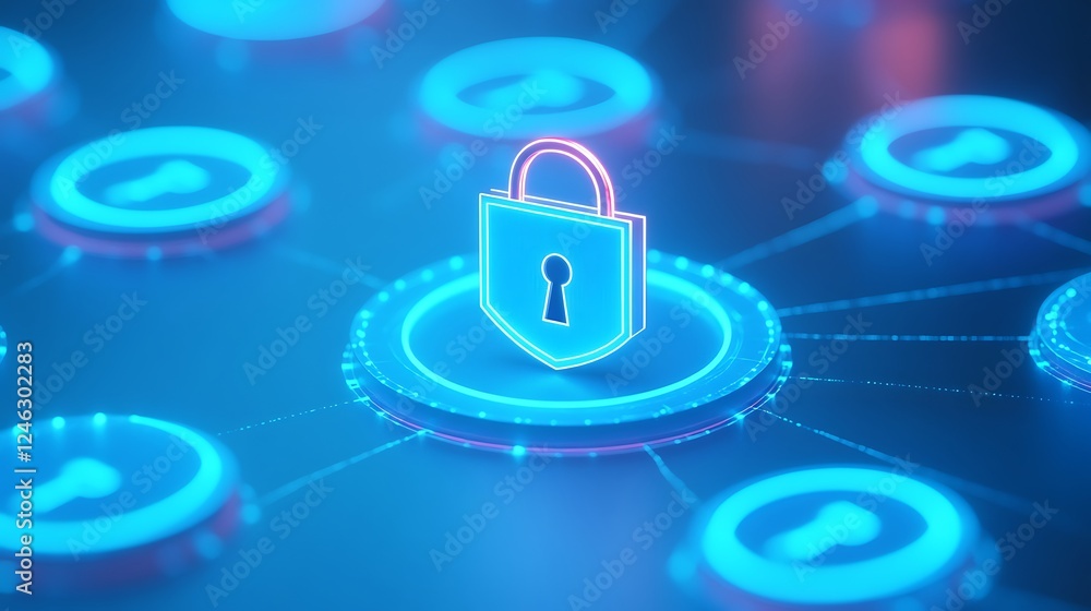 Poster digital lock icon with circuits in blue and pink glow for cybersecurity and data protection concept