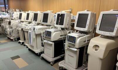 Hospital room with medical equipment, monitors displaying vital signs, patient care technology