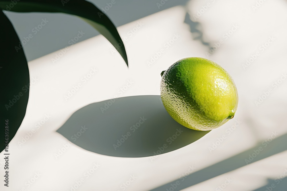 Poster vibrant lime on bright surface with leaf and shadow creating a refreshing summer mood