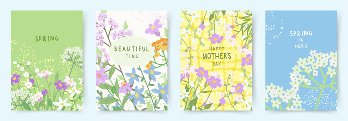 Spring set of cards with drawn cute meadow flowers. Floral botanical art templates for holiday card, poster, invitation, social media post, cover, advertisement, for Mother's Day, Easter and Birthday 