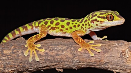 Naklejka premium A vibrant green and brown gecko perched on a weathered branch against a black backdrop.
