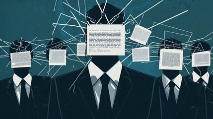 A surreal illustration of faceless businessmen wearing suits with screens instead of heads connected by wires symbolizing media control and conformity
