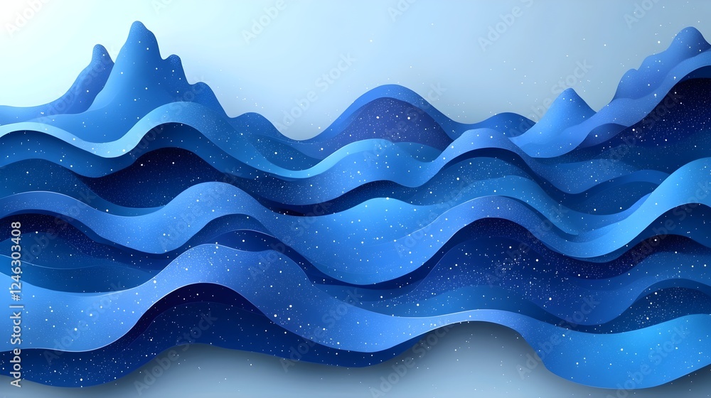 Poster a captivating abstract design of layered blue waves and mountains, creating a serene and tranquil at