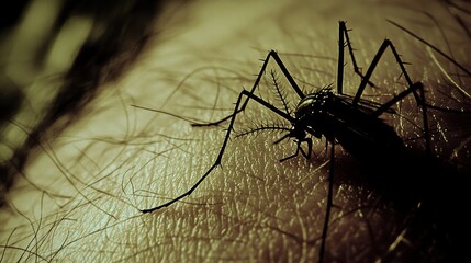 Close-up of a mosquito on human skin.