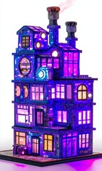 Fototapeta premium Illuminated model building with purple lights, steam, and intricate details on display