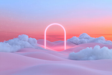A surreal close-up capturing neon beams embedded in silky pink dunes, with smooth pulsations and