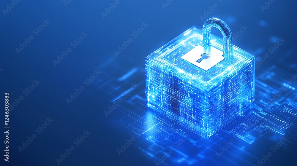 Poster digital lock with transparent design representing cybersecurity and data protection in futuristic en