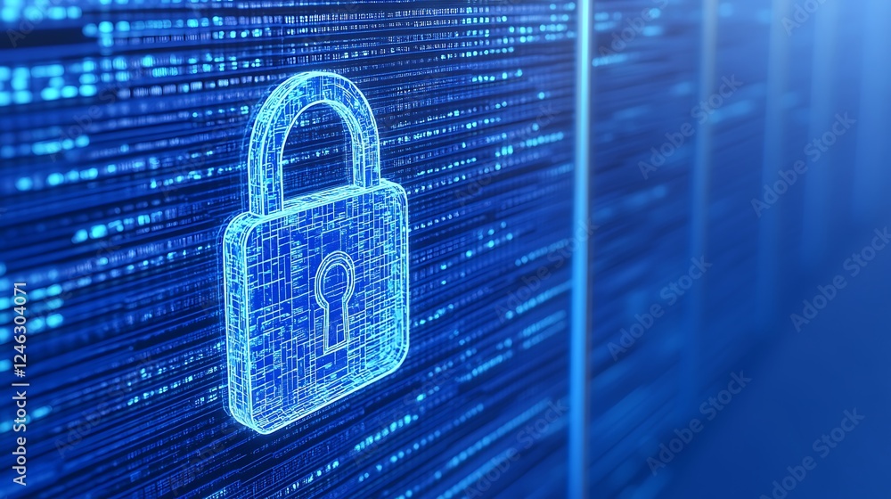 Poster digital padlock icon on futuristic blue data background representing cybersecurity and data protecti