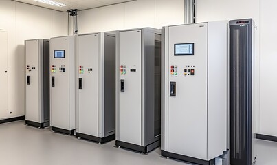 Industrial control panels in a modern server room, monitoring and managing operations