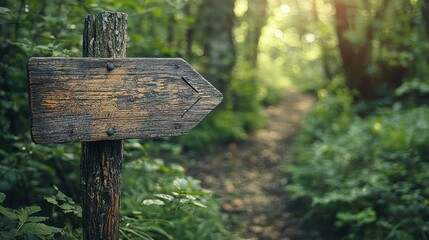 Wooden signpost pointing the way along a vibrant forest trail in the early morning light with lush greenery surrounding the path