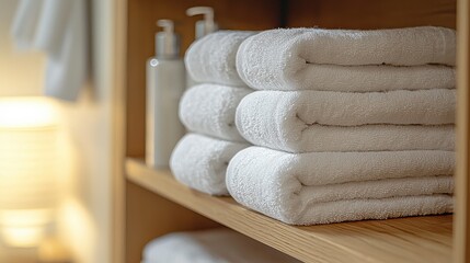 Neatly folded white towels displayed on a wooden shelf in a calm and inviting bathroom setting