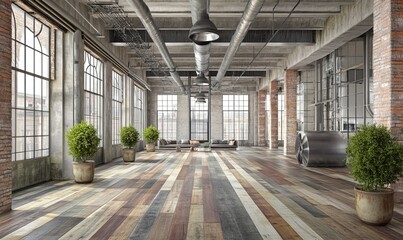 Industrial loft interior with wood floors, large windows, exposed pipes, and potted plants