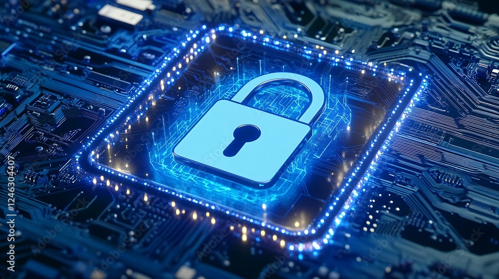 Poster digital padlock symbol on circuit board background representing cybersecurity and data protection te