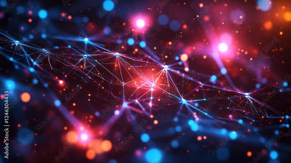Poster abstract network connection, glowing lines and nodes.
