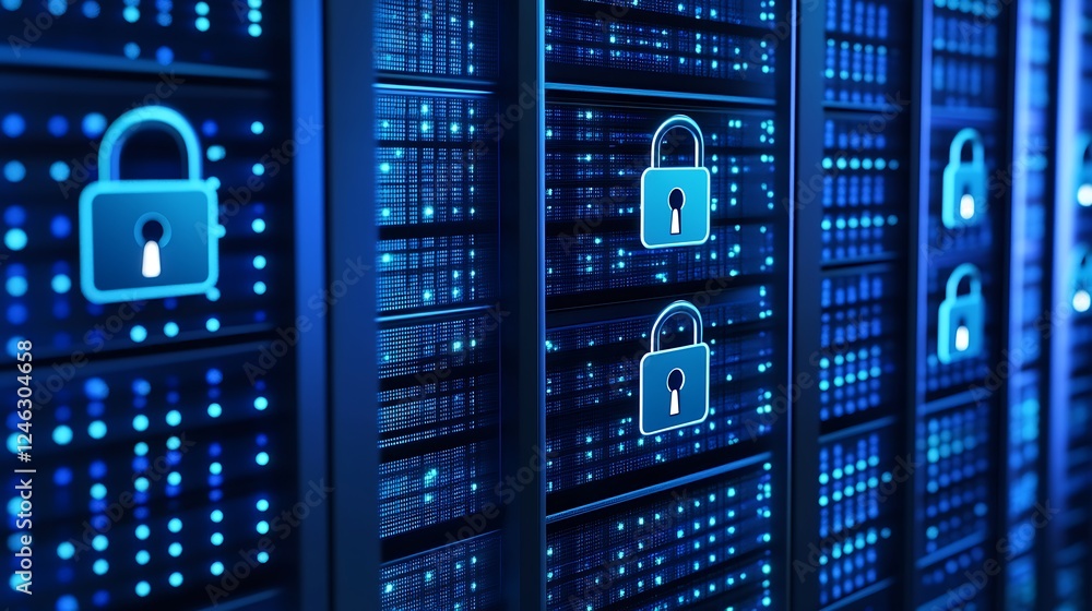 Poster digital security and data protection concept with lock icons on server racks in a modern server room