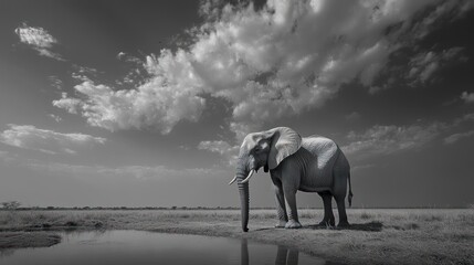 Obraz premium Solitary elephant drinking water at a watering hole under a dramatic sky.