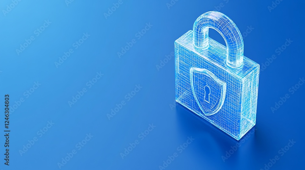 Poster digital security concept with a transparent lock icon over a blue background representing cyber prot