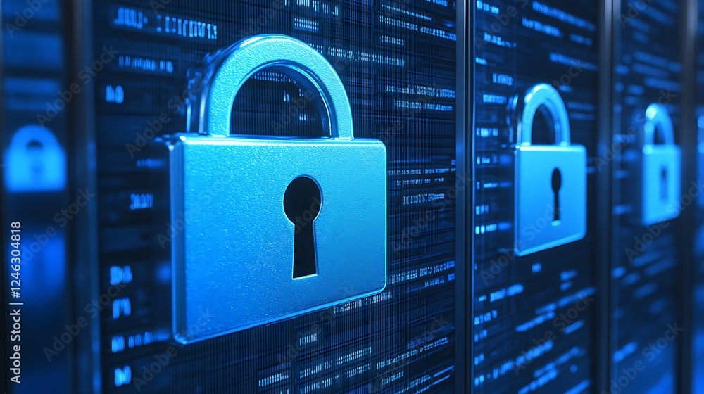 Poster digital security concept with abstract padlock on blue background representing data protection and p