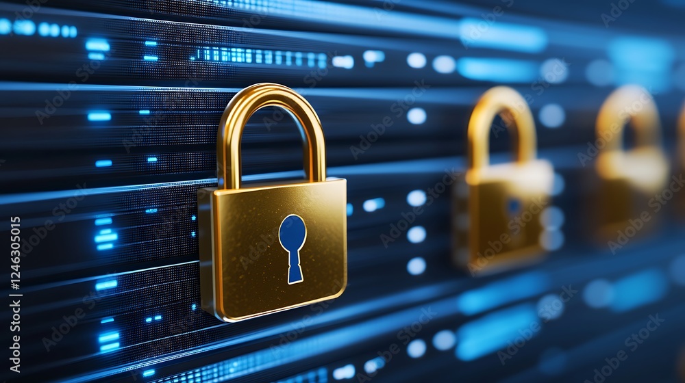 Poster digital security concept with golden padlocks on a futuristic data background representing cyber pro
