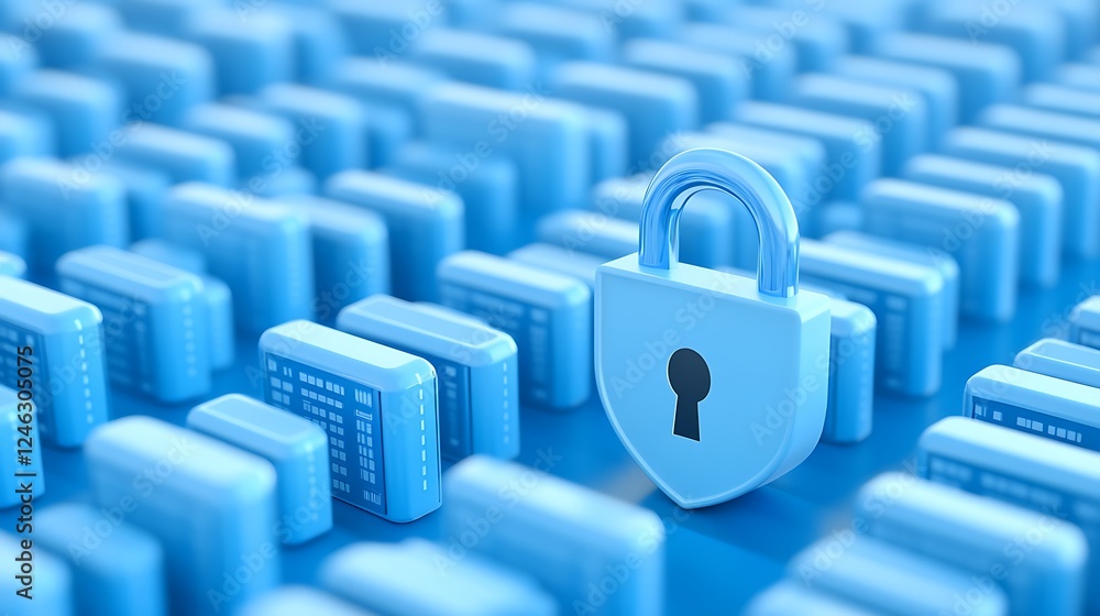 Poster digital security concept with lock and server icons representing data protection in a virtual enviro