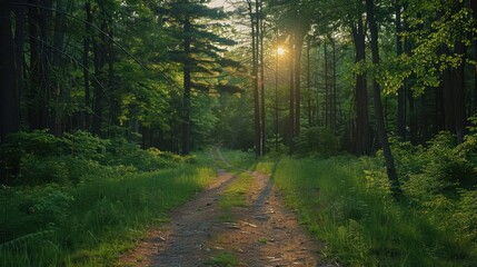 Obraz premium Serene forest path illuminated by sunset, surrounded by lush greenery and tall trees
