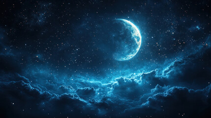 Obraz premium Blue backgrounds with celestial elements, such as stars and moon phases, softly glowing