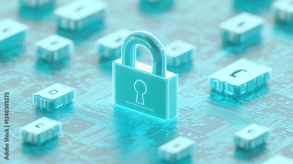Poster digital security concept with lock symbol on circuit board overlay in futuristic style