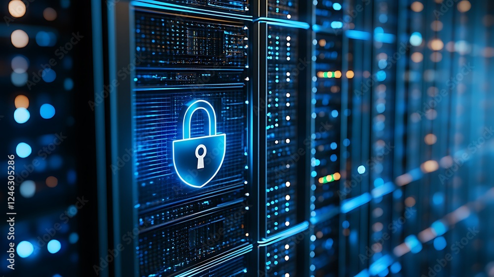 Poster digital security concept with lock symbol on data server against blue technology background