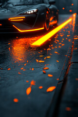 Naklejka premium A close-up shot revealing futuristic headlights beaming onto bright orange leaves, neon stripes