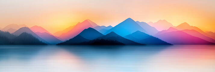 Obraz premium A minimalistic view of mountains at sunset, the lake reflecting warm light as slow, drifting