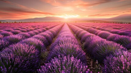Fototapeta premium Expansive lavender fields under a vibrant sunset with distant mountains and serene atmosphere