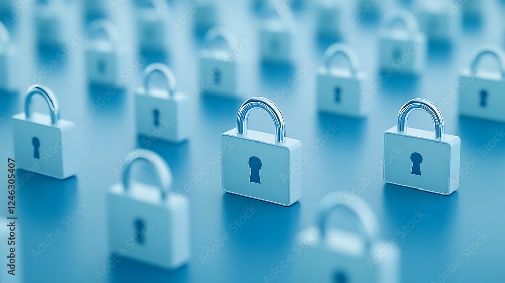 Poster digital security concept with multiple closed locks on a blue background for data protection and pri