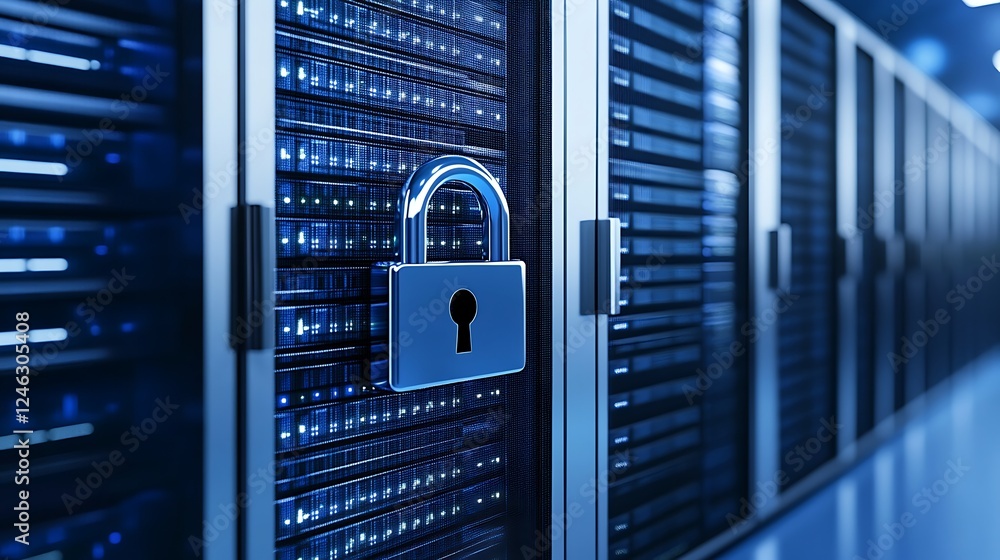 Poster digital security concept with locked padlock on server rack in data center for cyber protection and 