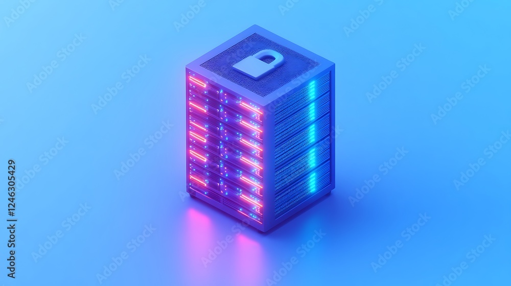 Aufkleber digital security concept with locked server cube in neon lights, data protection and cybersecurity t