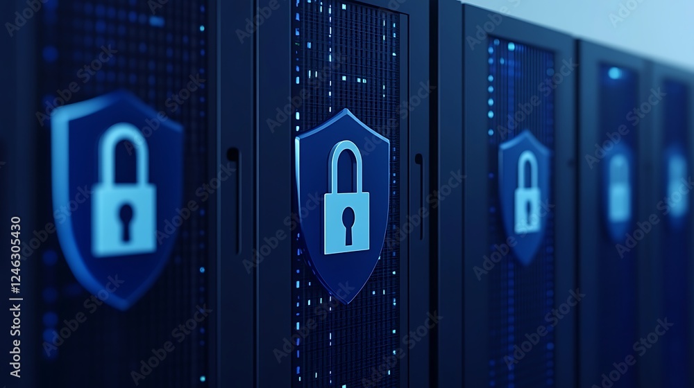 Poster digital security concept with locked shields on server racks for data protection and cybersecurity t