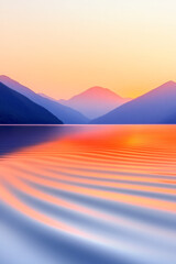 A balanced composition capturing calm water under mountains at twilight, bathed in warm, flowing
