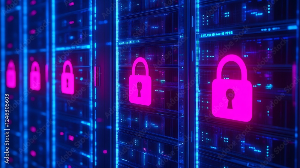Poster digital security concept with neon locks on server racks in a modern data center environment