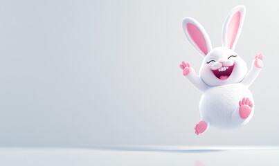 Obraz premium Joyful cartoon rabbit jumping with excitement on a minimalist background, ideal for Easter projects