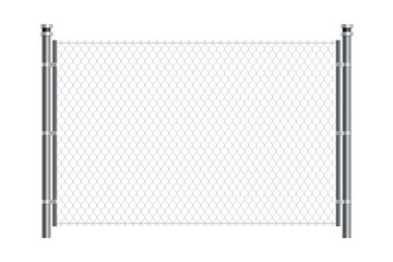 Metal wire fence. Chain-link fence fragment with metallic pillars. Secured territory, protected area or prison fencing. Wire grid construction