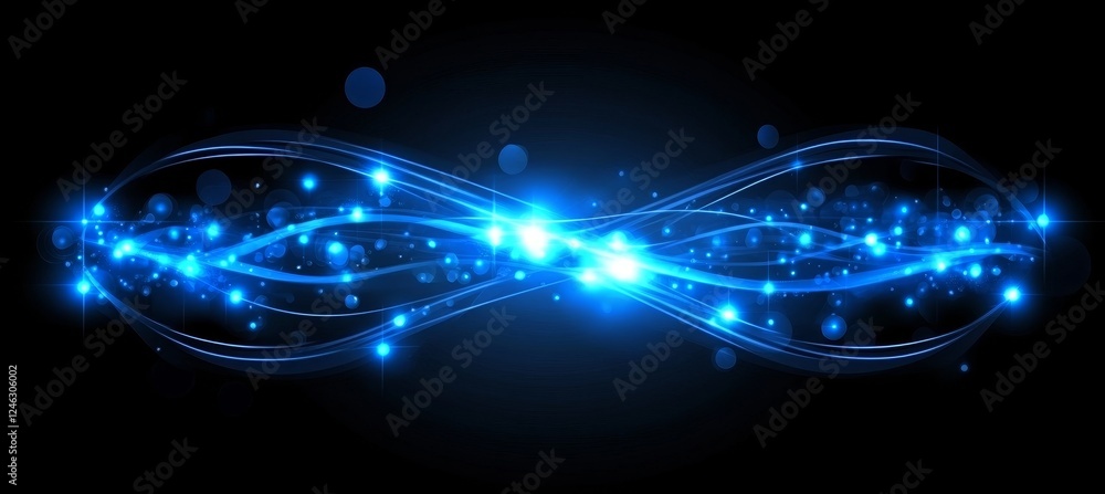 Poster abstract glowing blue wave with sparkles and bokeh effect on a dark background, technology theme.