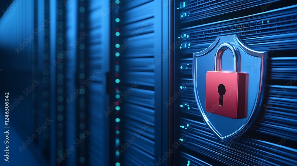 Poster digital security concept with shield icon and lock symbol on server background representing data pro