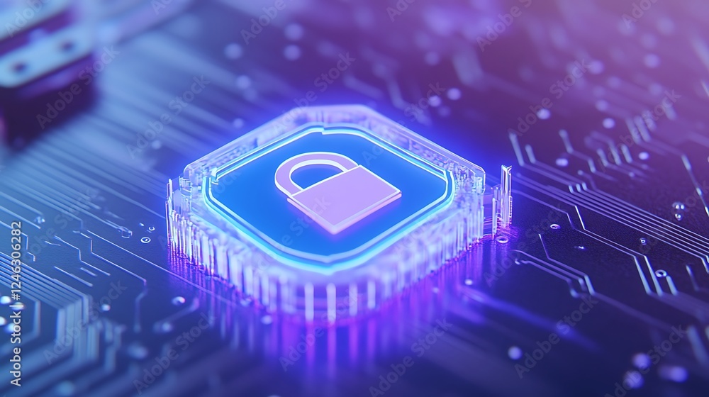 Poster digital security icon on circuit board in neon colors representing cyber protection and data encrypt