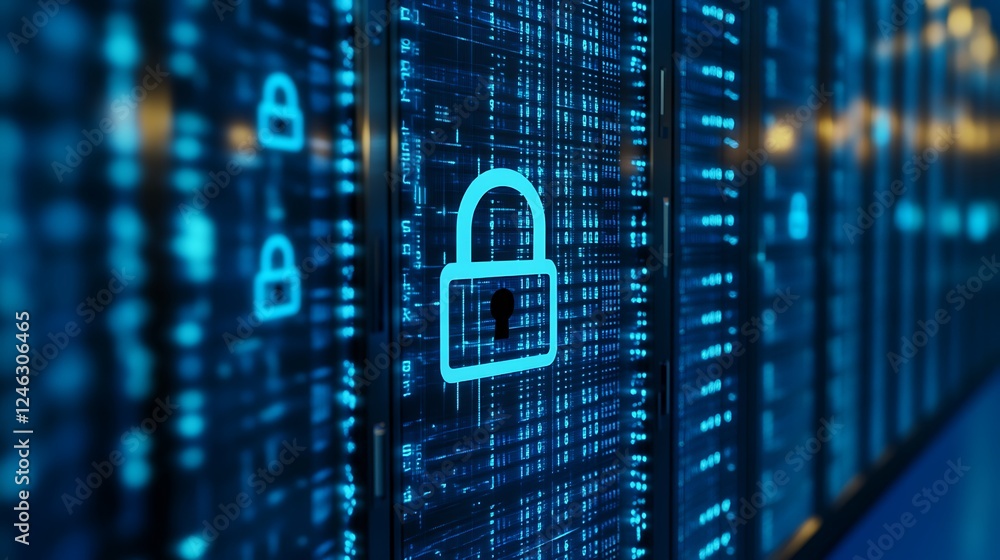 Poster digital security lock icon over data streams representing cybersecurity in a high-tech environment