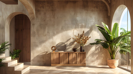 Wooden cabinet near venetian stucco wall with arched doorway Mediterranean interior design of modern entrance hall with staircase