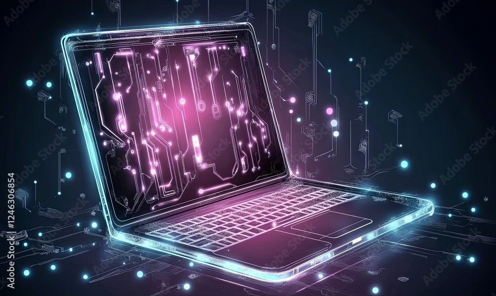 Aufkleber laptop with circuit board design on screen and digital background, ideal for tech projects