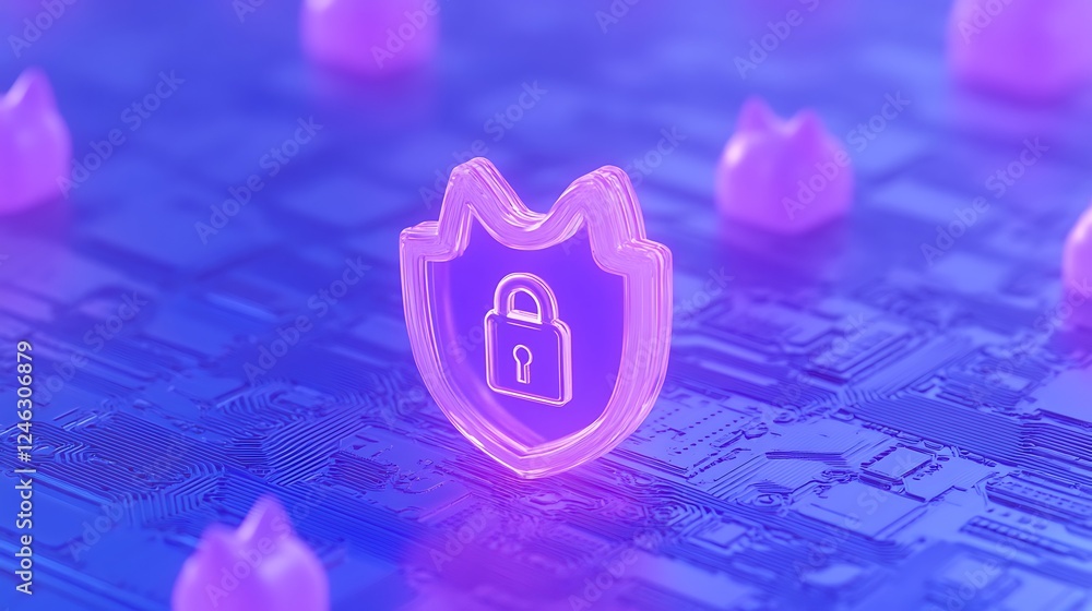 Poster digital security shield icon with lock symbol on circuit board background in purple color scheme